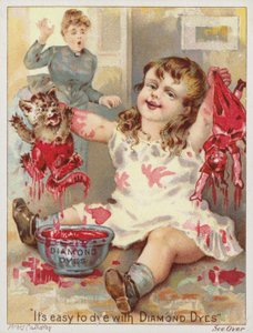 Niña sumergiendo gato y muñeca en tinte rojo de American School