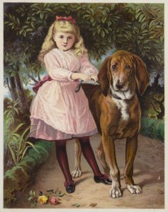 Niña sosteniendo un sabueso con una correa de American School