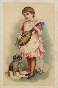 Niña tocando una mandolina, con un perro de American School