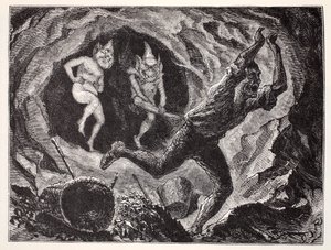 Gnomos Aterrorizando a un Minero, de La Guía Mundial de Gnomos, Hadas, Elfos y Otros Seres Pequeños por Thomas Keightley (1789-1872) Publicado 1880 de American School