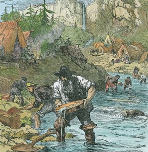 Lavado de oro en California, de un libro pub. 1896 (grabado coloreado a mano) de American School