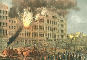 Gran incendio en Lake Street, de Chicago Illustrated, con descripciones literarias de James W. Sheahan, publicado por Jevne & Almini, Chicago, 1866-67 de American School