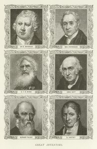Grandes inventores, Sir R Arkwright, George Stephenson, S F B Morse, James Watt, Bernard Palissy, Eli Whitney de American School
