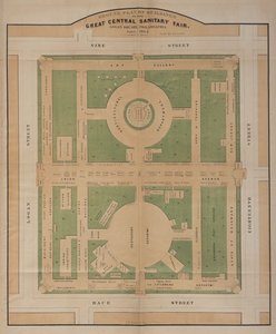 Plano de los edificios de la Gran Feria Sanitaria Central, Logan Square, junio de 1864 (litografía en color) de American School