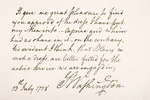 Caligrafía y firma de George Washington, 1758 de American School