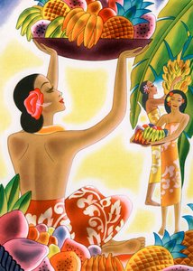 Mujeres hawaianas cosechando frutas