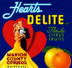 Etiqueta de caja de frutas Hearts Delite, c.1920