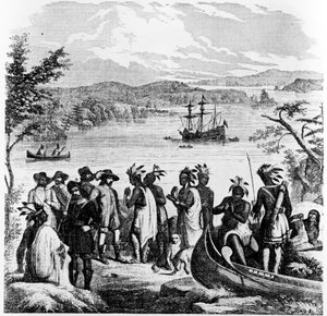 Henry Hudson descendiendo el río Hudson, ilustración de Ballou