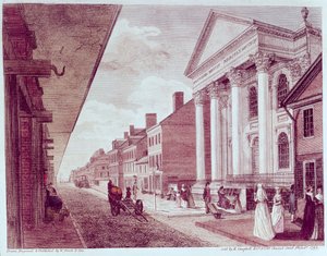 Calle principal con la primera Iglesia Presbiteriana, Filadelfia, 1799 de American School