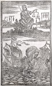 Historia y vidas de todos los piratas más notorios y sus tripulaciones, frontispicio, Londres, 1725 de American School