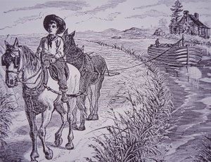 Caballos tirando de un barco de canal en el camino de sirga, Canal Erie