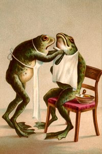 Ilustración humorística de una rana afeitándose de American School