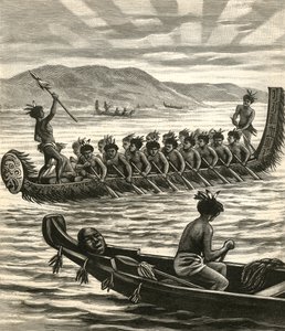 Ilustración de guerreros maoríes en canoas de American School