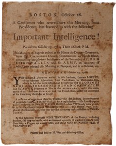 ¡Inteligencia Importante! (anunciando la rendición de Cornwallis en Yorktown), pequeño cartel impreso por M. Willis, Boston, 26 de octubre de 1781 de American School