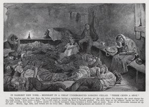En la Nueva York más oscura, medianoche en un sótano barato, "tres centavos por lugar" (litografía)