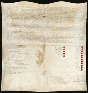 Tratado indio, Conferencia de Easton, Pensilvania, 23 de octubre de 1758 (pluma y tinta con cera sobre pergamino) de American School