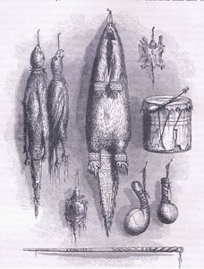 Bolsa de medicina india, silbato misterioso, batallas y tambor 1661, ilustración de la Historia de los Estados Unidos de Cassell, pub. por Petter & Galpin c.1890 de American School