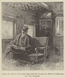 Interior de un vagón en el ferrocarril del valle de Lehigh, mostrando el método de operar el telégrafo del tren (grabado) de American School