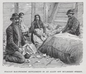 Asentamiento de recogedores de trapos italianos en un callejón de Mulberry Street de American School