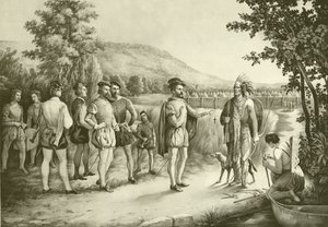Jacques Cartier, su primera entrevista con los indios en Hochelaga, ahora Montreal en 1535, c.1850
