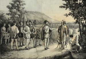 Jacques Cartier, su primera entrevista con los indios en Hochelaga, ahora Montreal en 1535, c.1850