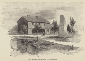 Lugar de nacimiento y monumento de John Ericsson (grabado) de American School