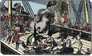 La muerte del pirata caballero Jean Lafitte (1780-1826), grabado de 