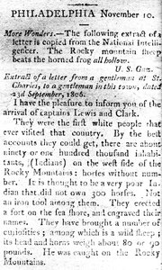 Carta anunciando la llegada de los capitanes Lewis y Clark, de The Boston Intelligencer, 19 de noviembre de 1806