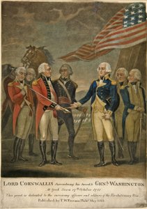 Lord Cornwallis rindiendo su espada al General Washington en York Town de American School