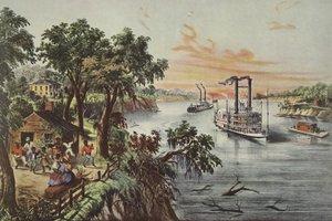 Agua baja en el Mississippi, pub. 1868, Currier & Ives (litografía en color)