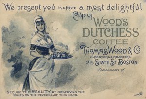 Sirvienta sirviendo café, anuncio de Woods Duchess Coffee, Boston de American School