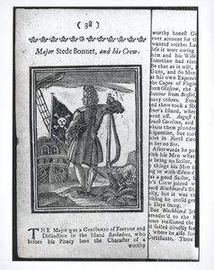 Mayor Stepe Bonnet, página 38 de Historias y vidas de todos los piratas más notorios y sus tripulaciones, Londres, 1725 de American School