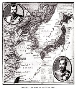 Mapa del este de Rusia, Corea y Japón durante el conflicto ruso-japonés (1904-1905). En el medallón, el zar Nicolás II de Rusia (1868-1918) y el emperador Meiji de Japón (1852-1912). Ilustración, en "Rusia y Japón y una historia completa de la guerra del