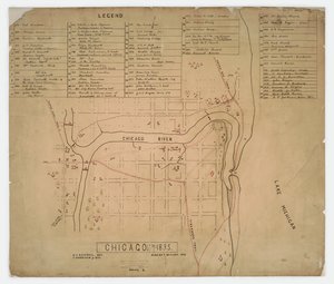 Mapa de casas y sitios históricos en Chicago, Illinois, c.1835 de American School