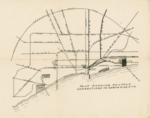 Mapa que muestra las conexiones ferroviarias al sitio propuesto de la Exposición Mundial Colombina en la Costa Norte