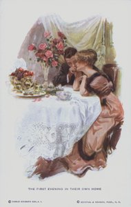 Matrimonio disfrutando de la primera noche en su nuevo hogar (litografía en color)