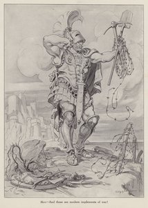 Marte, dios romano de la guerra, con palas y alambre de espino para la guerra de trincheras (litografía). de American School