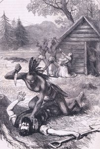 Masacre de los colonos, ilustración de la Historia de los Estados Unidos de Cassell, pub. por Petter & Galpin c.1890 de American School