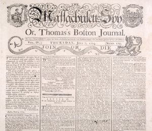 Cabecera del Massachusetts Spy 7 de julio de 1774 de American School
