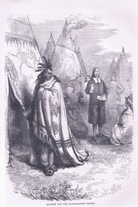 Mayhew y los Naragansett 1674, ilustración de la Historia de los Estados Unidos de Cassell publicada por Petter & Galpin c.1890