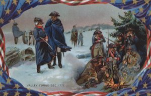 Tarjeta del Día de la Recordación, Valley Forge, diciembre de 1777 (litografía en color)