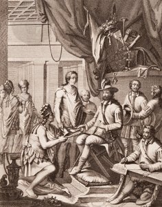 Montezuma entregando su imperio al Rey de España, dándole un tributo y prometiendo su obediencia, de la Historia de la Conquista de México de Antonio de Solís y Rivadeneira, grabado por Ximeno de American School