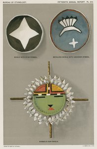 Escudos nativos americanos - escudo con símbolo de estrella, escudo Soyaluna con símbolo desconocido, escudo solar simbólico de American School