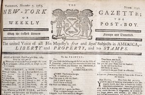 Cabecera del New York Gazette declarando su oposición a los sellos, impreso el 7 de noviembre de 1765 de American School