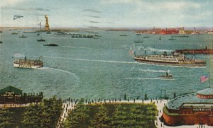 Puerto de Nueva York desde Battery, mostrando la Estatua de la Libertad y Ellis Island de American School