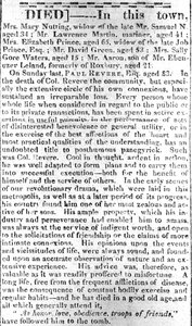 Página de obituarios del Boston Intelligencer, 16 de mayo de 1818 de American School