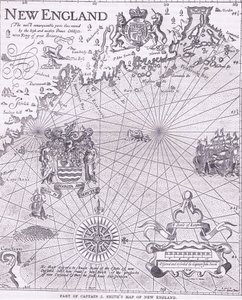 Parte del mapa del Capitán J Smith de Nueva Inglaterra, ilustración de la Historia de los Estados Unidos de Cassell, publicada por Petter & Galpin c.1890 de American School