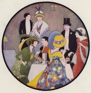 Gente socializando después de una obra de teatro, escena del cuento After The Play, de J A Waldron (litografía en color). de American School