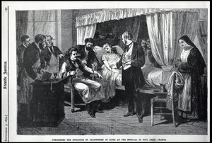 Realizando la operación de la transfusión de sangre en el Hospital de la Piedad, París, Francia, ilustración del American Scientist de American School