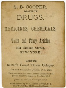 Perfumado con la colonia Flor del Bosque de Austen; S.B, Cooper, comerciante de drogas (tarjeta comercial verso) de American School